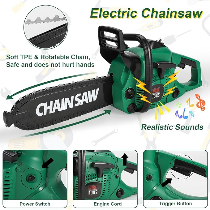 Vextronic Kids Tool Set 36 PCS with Electric Toy Chainsaw Drill Circular Saw with Realistic Sounds, Toy Tool Set for Toddlers 3 4 5 6 7 8, Pretend Play Kids Power Tools Kit Gift for Boys Girls