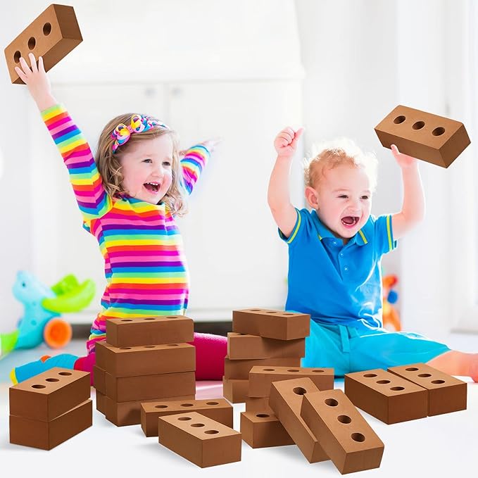 Deekin 30 Pcs Foam Brick Building Blocks for Kids Thick Blocks Foam Large Fake Brick Construction Toy for Stacking Construction, 8 x 4 x 2.4 in(Circle Holes)