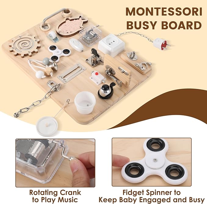 Wooden Montessori Busy Board for 1 2 3 4 Year Old, Montessori Sensory Activity Board Toys for Kids Toddler Baby Boys Girls, for Autism & ADHD Motor Skills