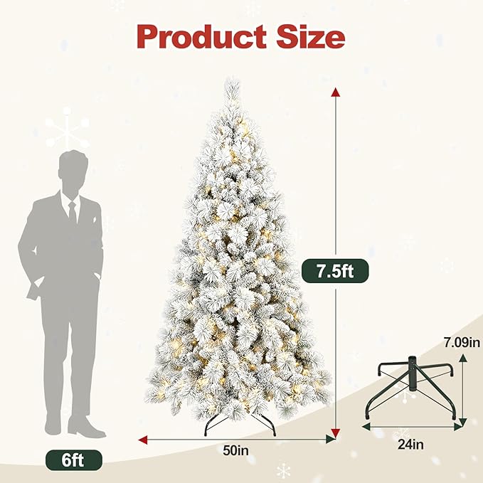 7.5 Ft Pre-Lit Snow Flocked Artificial Christmas Tree with 500 Warm LED Lights, Premium Holiday Xmas Tree with 1252 Realistic Branch Tips, Metal Stand for Indoor Home/Office Decor (Easy Assembly)