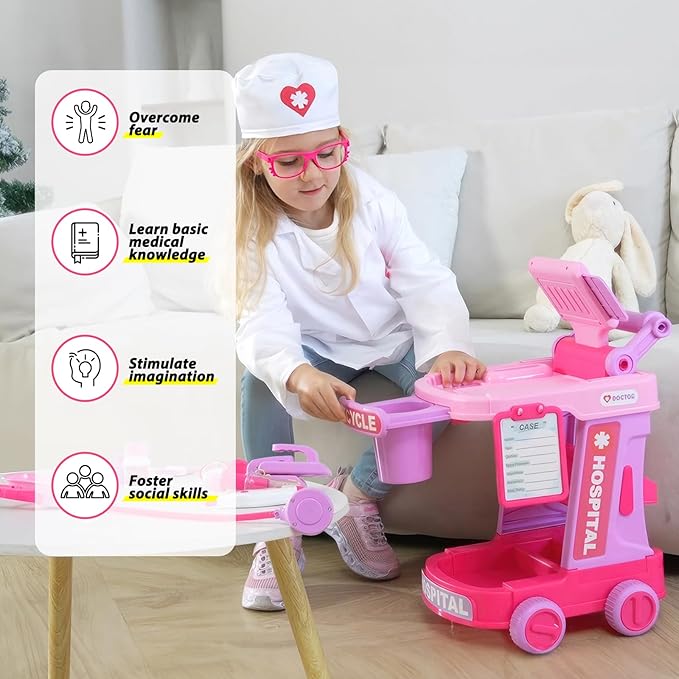 Liberry Doctor Kit for Toddlers Aged 2 3 4 5, Pretend Doctor Play Set for Kids with Cart, Costume and Stethoscope, Role Play Medical Toys for Girls Boys(Pink)
