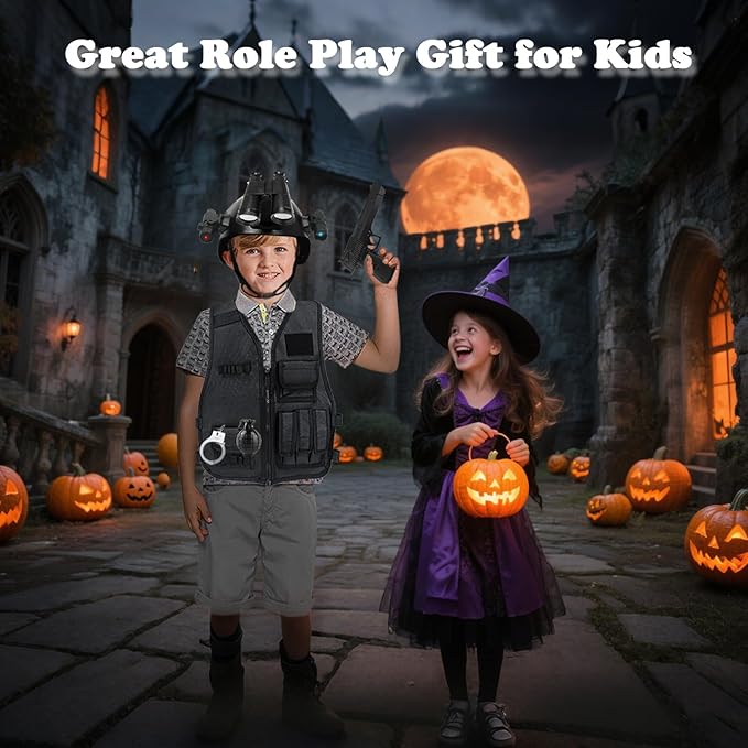 Police Costume for Kids, Tactical Helmet with Walkie Talkies,Swat Vest for Boys, Police Officer Uniform Role Play Toddler Dress Up Clothes with Toy Gun, Halloween Costumes for Kids 4 5 7 6 12 Year Old