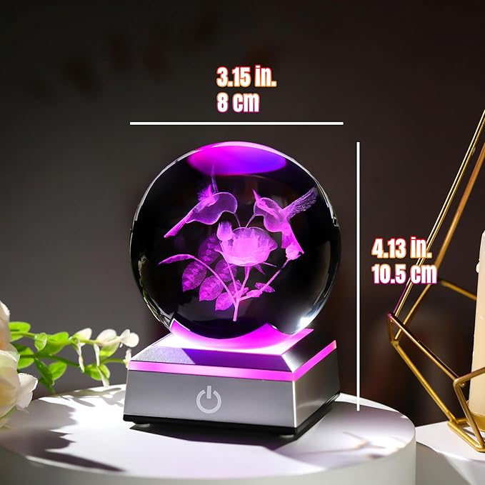 3D Hummingbird Gifts for Women, Mom - Humming Bird and Rose Crystal Ball 3.15in with Multicolor LED Light Base Collectible Figurine Home Decor