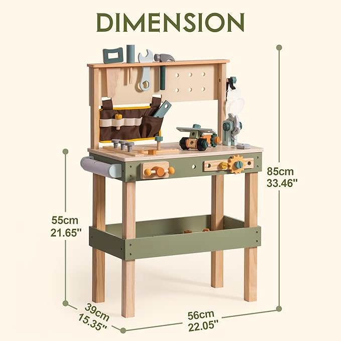 ROBOTIME Wooden Kids Tool Bench, Toddler Tool Bench - Toy Play Workbench Workshop with Tool Belt, Play Tools Set, Drawing Paper for Construction Play, Perfect for Kids Ages 3-5