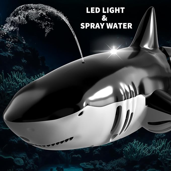 Bennol 2.4Ghz Remote Control Shark Toys for Boys Kids, 1:18 Scale High Simulation Shark for Pool, Electric RC Shark Fish Toys with Light & Spray Water Function for 4 5 6 7 8 9 Year olds Kid Boys Girls