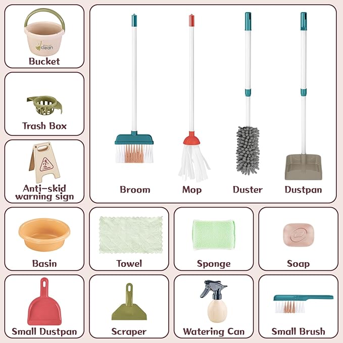 deAO Kids Cleaning Set,Pretend Play Detachable Housekeeping Cart with Broom,Dust Pan,Spray Bottle Children House Cleaning Tools Toys,Educational Toddler Cleaning Carts