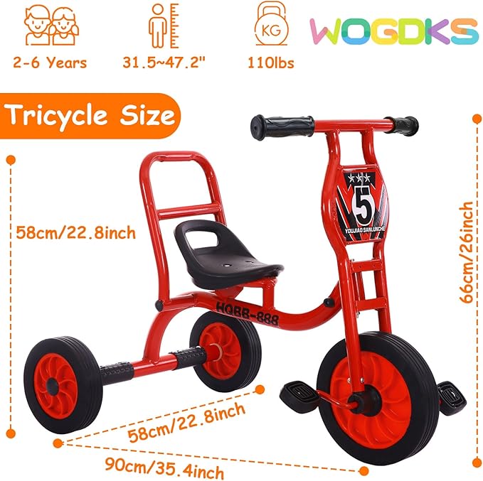 Big Wheel Tricycle for Kids Ages 2-6, Preschool Kids Trike Outdoor Playground Pedal Bike with Adjustable Seat, Inflation-Free Rubber Wheels and Carbon Steel Frame