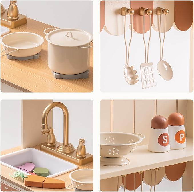 ROBUD Play Kitchen, Wooden Kids Kitchen Playset for Kids with Realistic Design, Sink, Oven, Stove, Cabinet, American Vintage Style, Age 3+