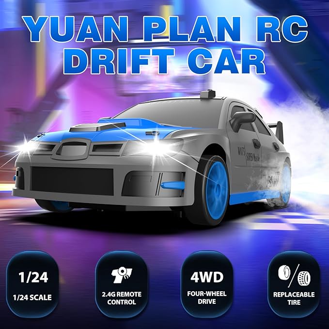 Remote Control Car, 1/24 2.4GHz 4WD RC Drift Car High Speed RC Cars with Cool Lights, Rechargeable Battery and Extra Tires Toys for Kids (Grey)