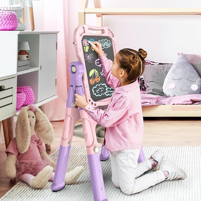 Amagoing Easel for Kids, Adjustable Standing Art Easel for Toddler, Double Side Magnetic Chalk Board with Painting Accessories, Birthday Christmas Gift for Little Boys and Girls, Middle Size Pink