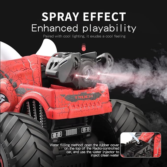 Threeking 1:18 Dinosaur RC Car Remote Control Cars Trucks Toy 4WD Off-Road Car Toys with Lights Spray Suitable for All Terrain Gifts Presents for Boys/Girls Ages 6+ Red