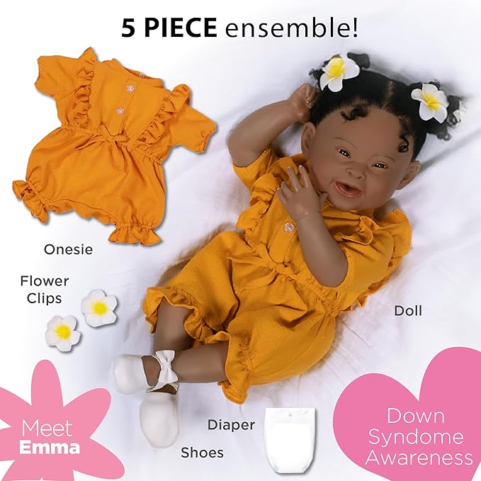 Paradise Galleries 21 Inch Realistic Reborn Baby Girl Doll with Down Syndrome Cute Mustard Yellow Dress Outfit and Accessories – Emma