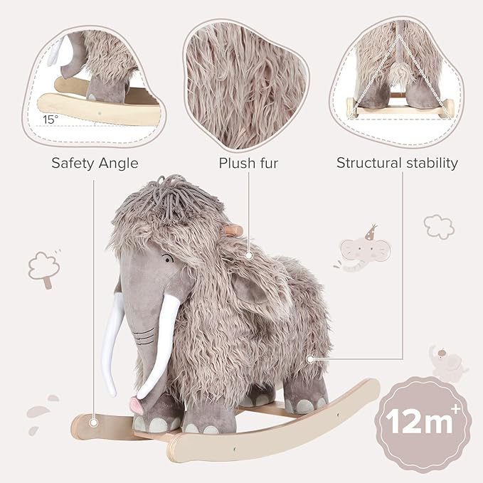 labebe - Plush Rocking Horse, Mammoth Rocker, Stuffed Rocker Toy for Child 1-3 Year Old, Kid Ride On Toy Wooden, Rocking Animal for Infant/Toddler Girl&Boy, Nursery Birthday Gift