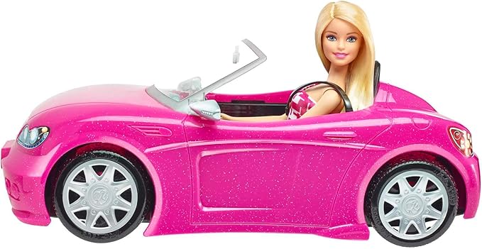 Barbie Doll & Car Playset, Sparkly Pink 2-Seater Toy Convertible with Glam Details & Fashion Doll in Sundress & Sunglasses (Amazon Exclusive)