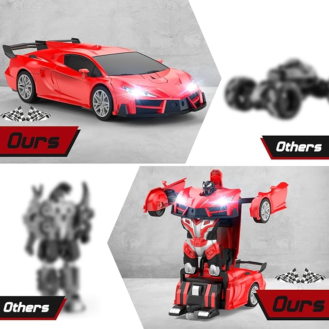 Remote Control Car,Transform Robot RC Cars with Cool LED Headlights, 2.4Ghz Toys Car with 360 Degree Rotation and One-Button Deformation, Christmas Birthday Gifts for Boys Girls(Red)