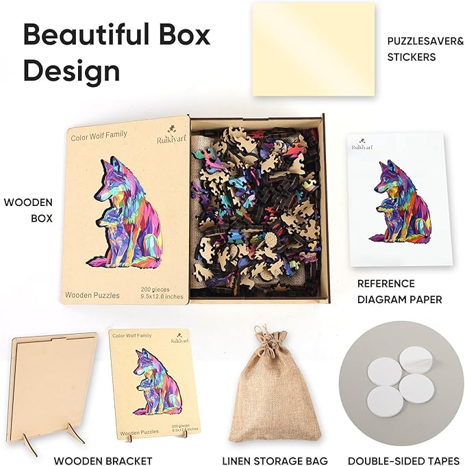 Colorful Wolf Family 200 Pieces Wooden Jigsaw Puzzles for Adults Unique Irregular Shape Fun Challenging Animal Puzzles for Kids and Couples on Birthday,Children’s Day,Christmas 9.4"*13"