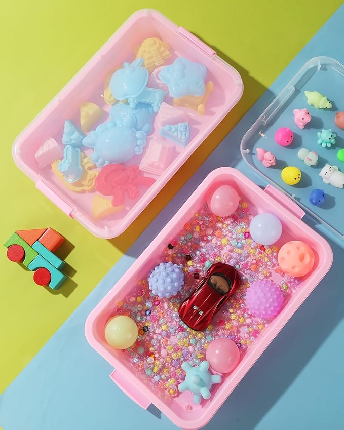 Sensory Bin Sand Tray with Lid for Toddlers 2 Pcs 15in Portable Sandbox Toy Large Plastic Tray for Kids 3 4 5 6 Fill with Sand, Water, Beads, and More (2 Pink)