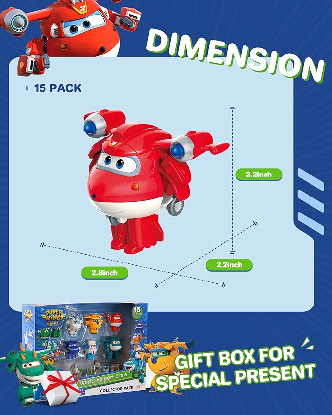 Super Wings 15-Pack Transforming Toys 2 inch Airplane Robot Mini Action Figures with Real Mobile Wheels for Kids 3 4 5 6 7 8+ Birthday Party Supplies for Preschool Boys and Girls