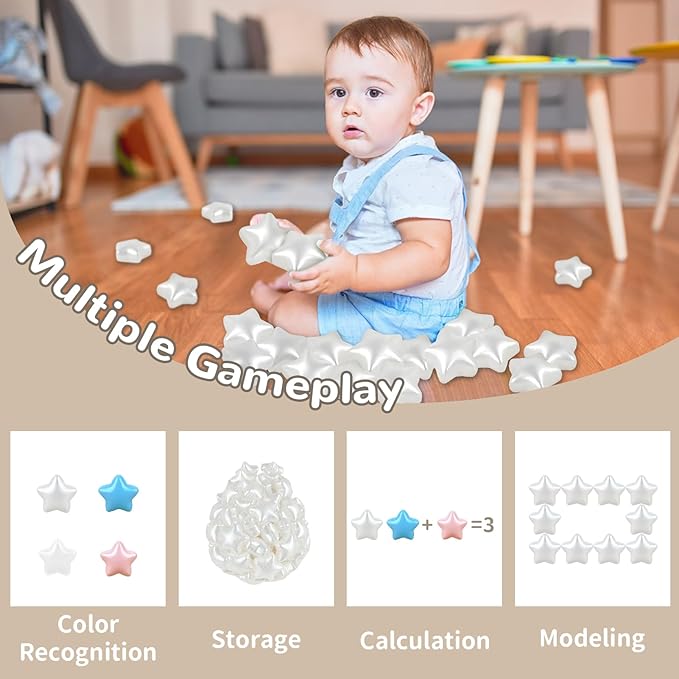 Star Ball Pit Balls 100 Phthalate Free BPA Free Crush Proof 2.16 Inches Star Shape for Plastic Balls for Ball Pit Ideal Gift for Toddlers Babies Kids Pool Water Toys Play Tent, Pearl White