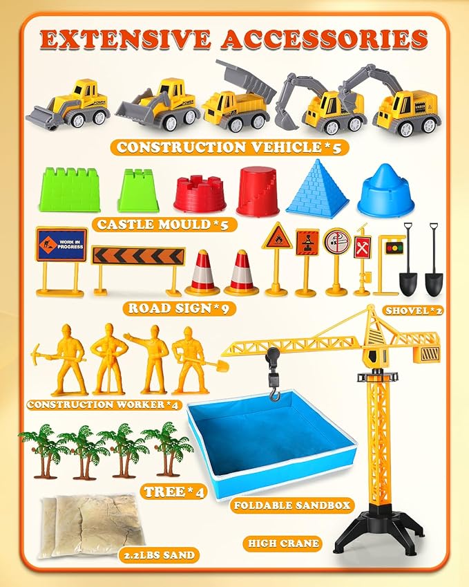Sand Construction Site Kits, Construction Sensory Bins for Toddlers, Magic Play Sand Moldable Dream Folding Sand Boxes Zone Storage Container Castle Truck Sets Toys Bun for Kids Boys Girls