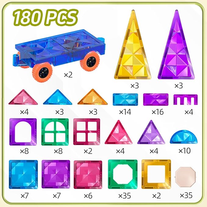 TEMI Magnetic Tiles,180 Piece Building Blocks, Magnets Building Set, STEM & Learning & Education Toys Christmas Toy Gift for Ages 3 4 5 6 7 8+ Year Old Toddler Kids Boys and Girls