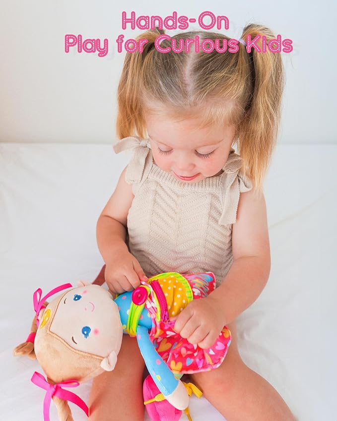 Educational Soft Baby Doll(16''), Learning Sensory Doll for Toddlers, Montessori Toys for 2-Year-Old Girls Christmas, Birthday Gifts, Plush Doll with Zipper, Shoelace, Button-Busy Sweetheart