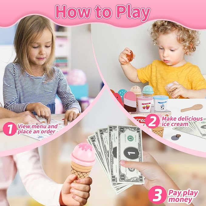 Wooden Ice Cream Toys for Toddlers 3-5, Kids Wooden Toys Play Kitchen Accessories, Play Food Sets for Kids Kitchen, Pretend Play Toys Gifts for 3 4 5 Year Old Girls Boys Birthday Christmas