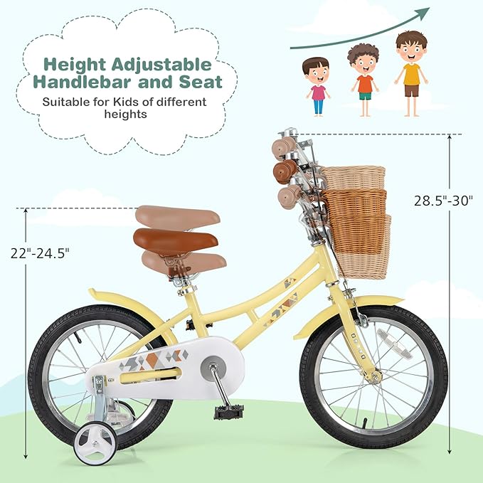 BABY JOY Retro Kids Bike, 12 14 16 18 Inch Child Bike for 3-8 Years Old w/Rattan Basket, Adjustable Height, Training Wheels, Fenders, Handbrake Coaster Brake, 95% Pre-Assembled Kids Bicycle for Girls