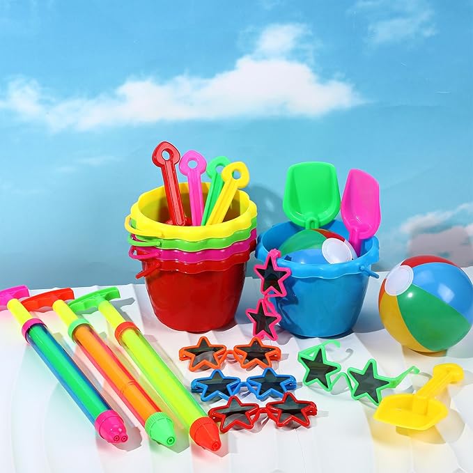 Tanlade 75 Pcs End of Year Students Gift Kids Beach Pool Party Favors Sand Buckets Shovels Neon Sunglasses Inflatable Beach Balls Water Guns Set for Outdoor Summer Swimming Pool Party Game