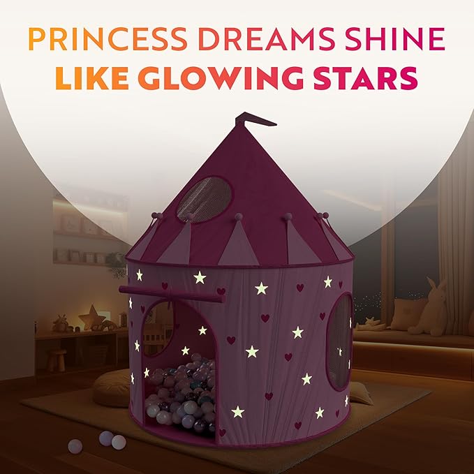 Playz 5-Piece Princess Castle Girls Pop Up Play Tent & Dress Up Costume Bundle - Playhouse Gift for Girls & Toddler for Indoor & Outdoor Use with Pink Fairy Tale Carrying Bag & Glow in The Dark Stars