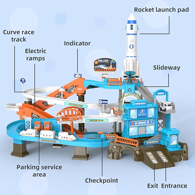 53PCS Space High-Speed Rail Adventure Track Set-Electric Elevator, Rotating Slide, 3 Mini Police Cars & Train, Lights & Music, Interactive Adventure Playset Fun for Kids 3+, Ideal Gift