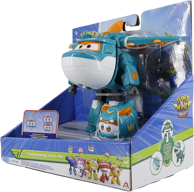 Super Wings 5" Transformable Toys Tino & Mini Tino Pet, 3 in 1 Transforming Dinosaur Airplane Robot, Educational Action Figure for Boys Girls Age 3+, Dinosaur Toy for Preschool Play