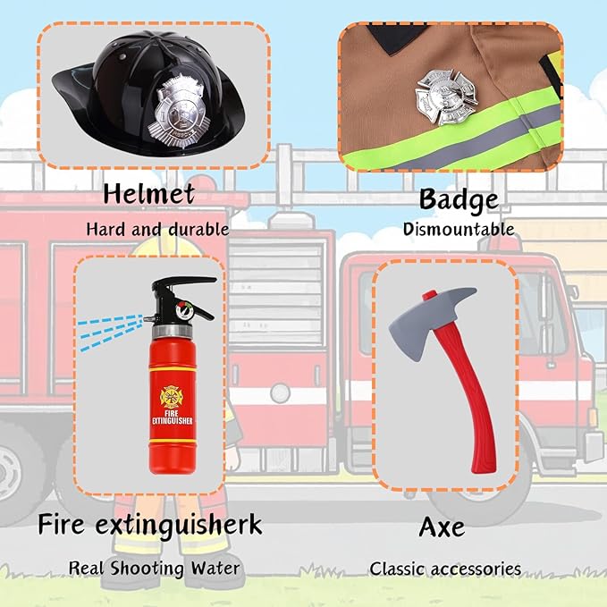 yolsun Fireman Costume for Kids, Boys' and Girls' Firefighter Dress up, Fire Fighter with Toy Accessories Halloween Role Play