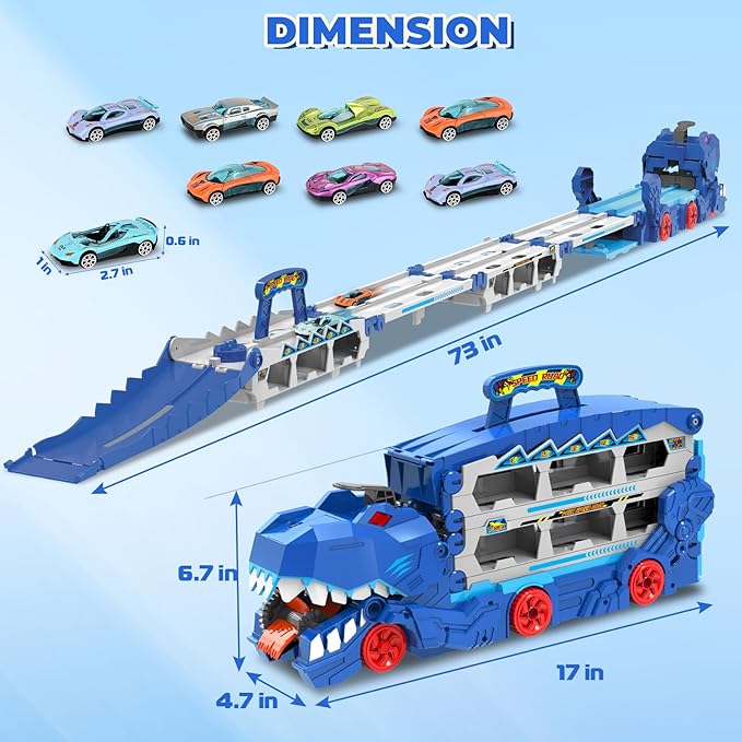 Carrier Truck Toys for Kids, 6-FT Race Track and 8 Die-Cast Metal Toy Cars, Dinosaur with Race Track Ultimate Transporter, Racing Car with Sound Toddler Toys Gifts for Age 3 4 5 6 7 8Years Old