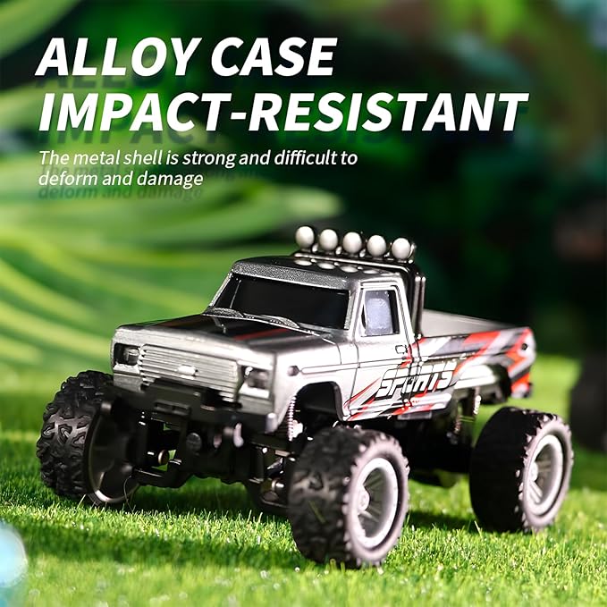 Mini Rc Truck, 1:64 Scale Monster Truck Remote Control Car with Lights, 2.4Ghz Remote Control, Mini Alloy Monster Truck Rc, Speed/Steering Adjustable (Grey)
