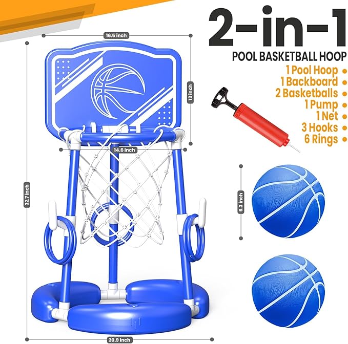 SpringFlower Pool Basketball Hoop with Backboard, Kids & Adults Swimming Pool Floating Basketball Pool Game,Pool Floating Basketball Pool Toy with Ring Toss, 2 Pcs Balls and Pump, Blue