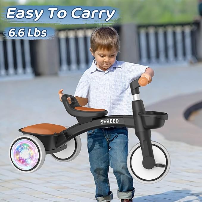 SEREED Colorful Lighting Toddler Tricycle for 2-5 Years Old Boys, Adjustable Seat&Handlebar Trike, Removable Basket, Birthday Gift Idea for Kids Ages 2+ (Black)