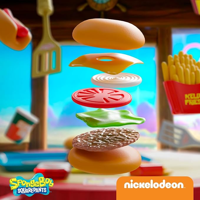 Spongebob Kids Kitchen Playset - Interactive Play Food with 2 Krabby Patty Burgers, Seafoam Shake, Kelp Fries, Spongebob Toys Kitchen Set for Kids Ages 3-5 Includes Velcro Dots