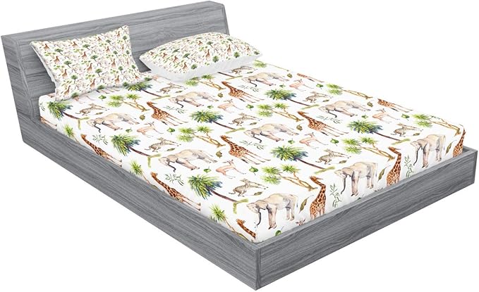 Ambesonne Watercolor Elephant Fitted Sheet & Pillow Sham Set, Wild Animals Giraffe Cheetah Antelope Savannah Palm Trees Tropic, Decorative Printed 3 Piece Bedding Decor Set, Calking, Green Pale Brown