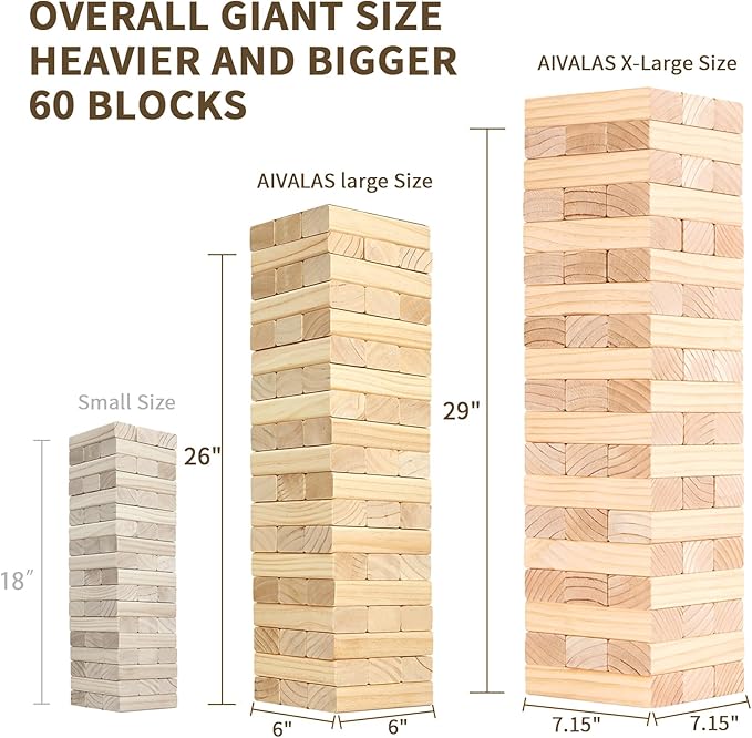 X-Large Size Giant Tumble Tower, 60 Blocks Outdoor Games Stacking Games Includes Dice Carrying Bag Scoreboard, Stacking Over 5FT for Backyard Lawn Party Playing