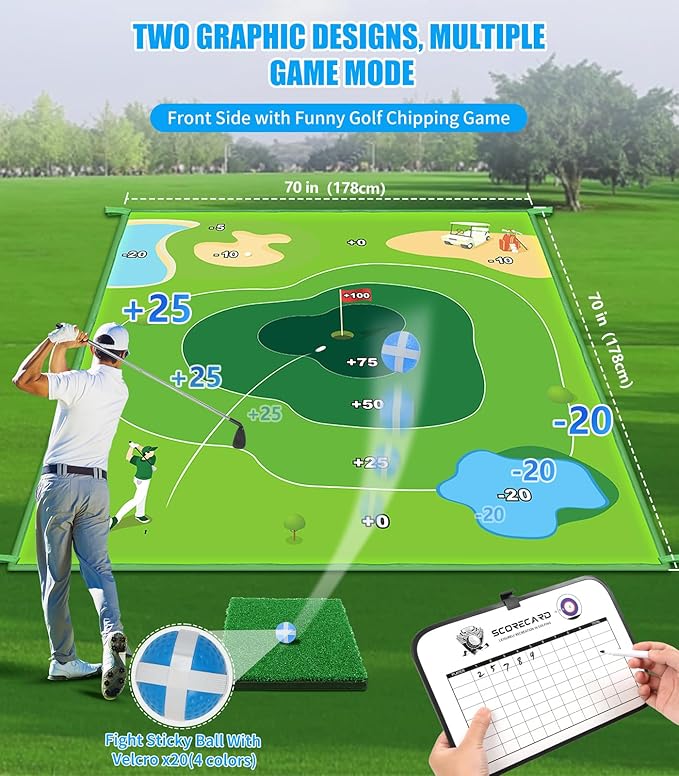 Golf Chipping Game Mat: 70"x70" Double-Sided 2in1 Golf Hitting Mat, Golf Chip and Practice Set with Stick Ball&Dart for Backyard Indoor Outdoor Family Battle Game, Christmas Ideal Gift for Kids Adults