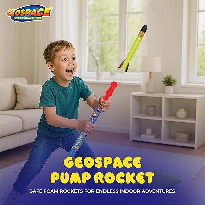 Geospace Hand Held Pump Rocket Medium Size Set - 30" Long Single Launcher & Rockets for Outdoor or Indoor Safe Play for Kids (Single Pump Rocket Jr.)
