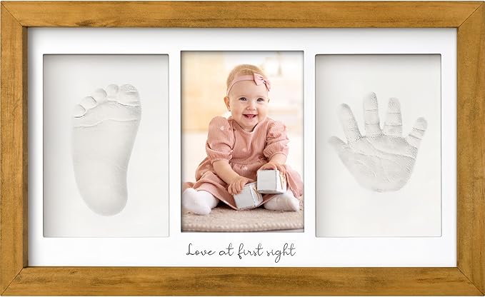 Baby Hand and Footprint Kit - Clay Handprint Keepsake Frame, Newborn Nursery Picture Frame, Personalized New Mom Gifts for Baby Shower & Registry (Golden Wheat)