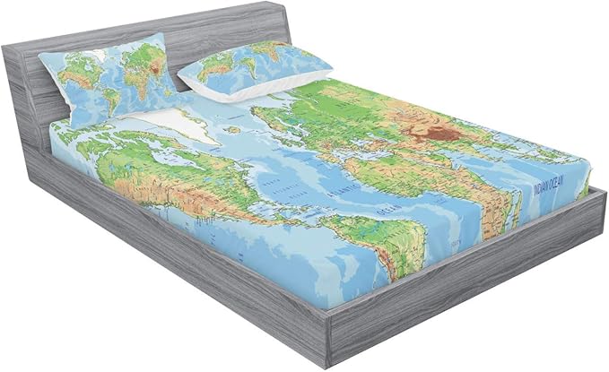 Ambesonne World Map Fitted Sheet & Pillow Sham Set, Classic Map of The Earth Continents Countries Oceans Mountains Vacation Themed, Decorative Printed 2 Piece Bedding Decor Set, Full, Green Blue