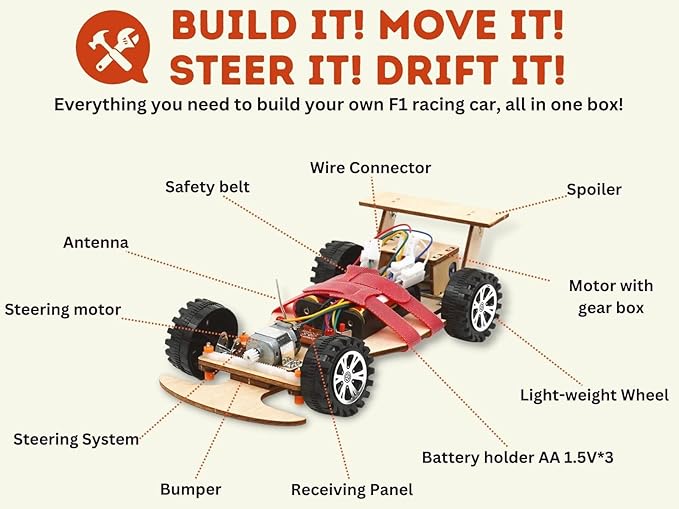 Wireless Remote Control Wooden Racing Car F1 - Upgraded Competition Edition (Three Colors for Racing 3-Pack), Science Experiment R/C Car Kit for Kids, STEM Project Model Car Kit to Build