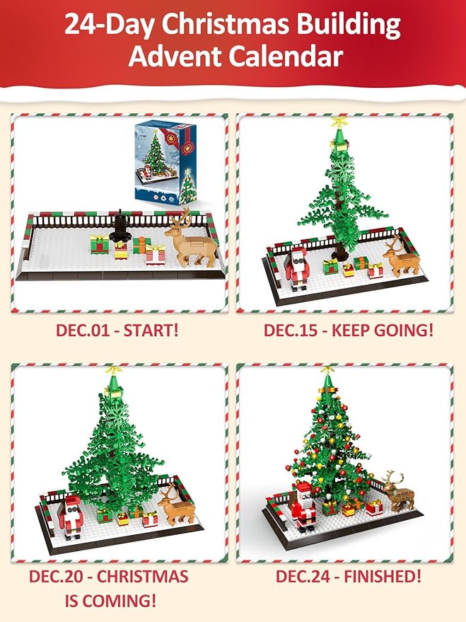 Christmas Tree Building Blocks, Christmas Decorations Set with Santa Claus & Reindeer, Creative Tabletop Decor Xmas Gifts Toys for Kids Adults Teen Boys & Girls