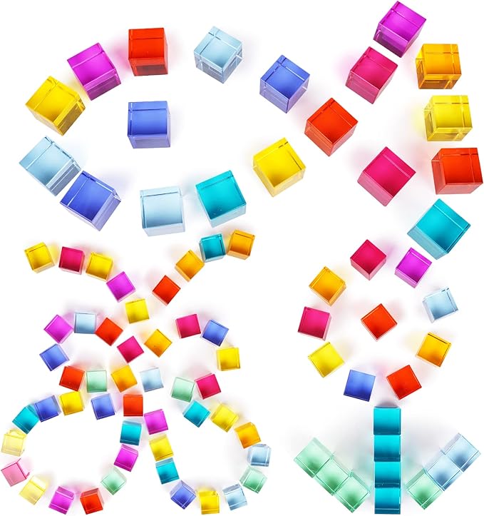 Agirlgle Wooden Rainbow Building Blocks Cube Gem Stacking Blocks Toy - Colorful Montessori Rainbow Stacker Toy Elegant Wood Rainbow Cube Blocks- Acrylic Blocks Educational Toys for Toddlers- 80Pcs