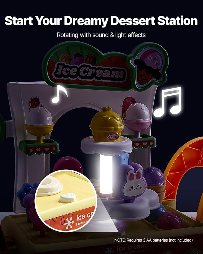 VEVOR Ice Cream Cart for Kids, 27 PCS Accessories, Pretend Play Store with Storage Trolley with Pretend Money, Sound & Light Effects, Montessori Educational Ice Cream Truck Toys for Toddlers 3+