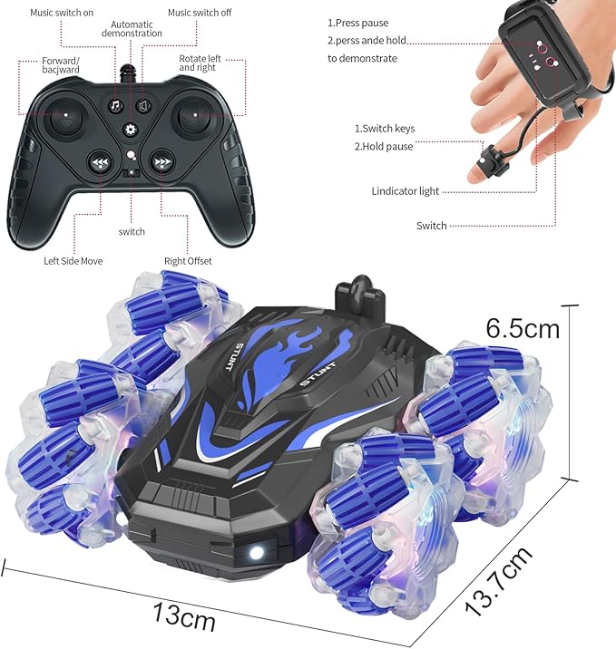 New Gesture Sensing RC Stunt Car with Lights Music, Hand Gesture Remote Control Car 360° Spins Double Side Twisted Glove Controlled RC Car Birthday Gifts Toys for 6 7 8 9 10 11 12 year old boys