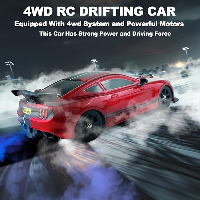 YUZ Remote Control Car RC Drift Car 1/16 Scale 4WD 18KM/H High Speed RC Car 2.4GHz with LED Lights Spray Racing Toy Car for Adults Boys Girls Kids Birthday 2Pcs Rechargeable Batteries, Red